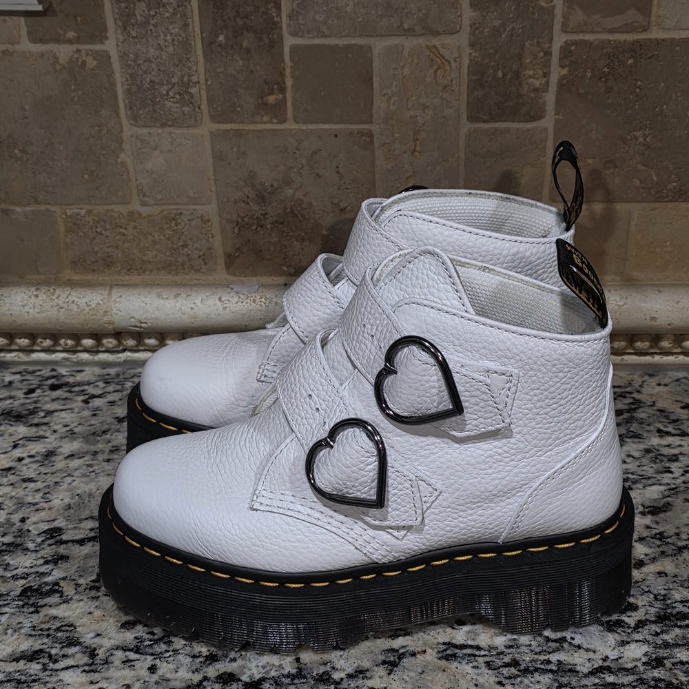 White Dr. Martens With Heart Buckle